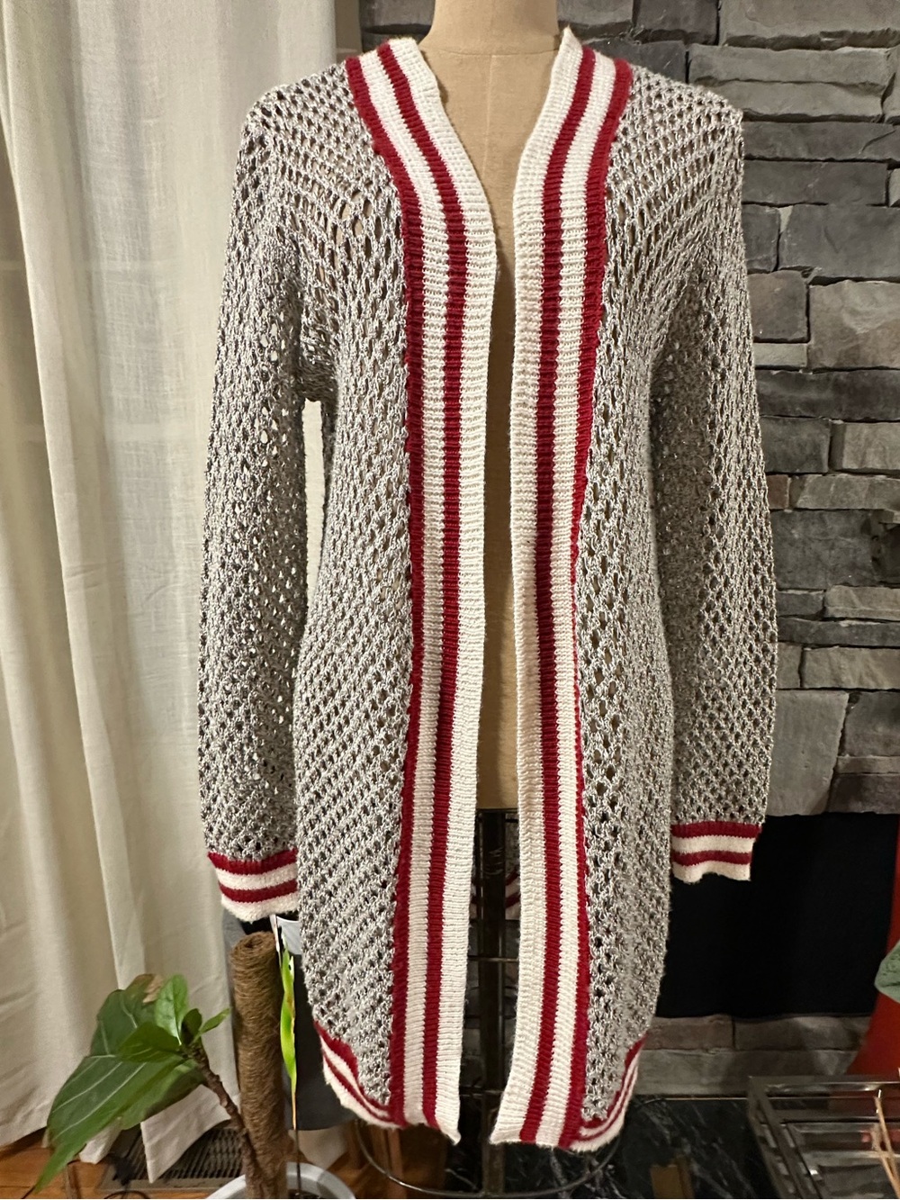 Maeve Gray Open-Knit Cardigan with Red and White Trim by Anthropologie